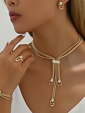 abordables Día de San Valentín-Conjunto de joyas de diamantes de imitación dorados para mujer: elegante collar, pulsera, aretes y anillo con diseño de cadena trenzada, perfecto para bodas y eventos formales.