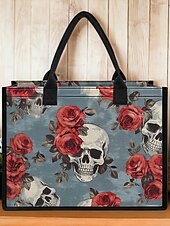 abordables Cabas et fourre-tout-sac fourre-tout imprimé tête de mort et rose – grand sac à main gothique pour femme, design floral vintage, parfait pour Halloween ou pour un usage quotidien