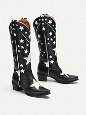 tanie Kowboj i zachodnie buty-czarne, kowbojskie buty w stylu western z wzorem w gwiazdy i białymi kontrastowymi zdobieniami – stylowe buty ze sztucznej skóry do rodeo, stylu country i na co dzień