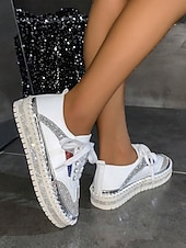 cheap Women&#039;s Sneakers-Women&#039;s Glitter-Accented Black Lace-Up Sneakers – Rhinestone Embellished, Colorful Casual Athletic Shoes for Fashionable Everyday Wear