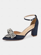preiswerte Halbformell-Damen Pumps aus Satin mit Blockabsatz und Strass-Schleife – elegante formelle Pumps für Hochzeiten und besondere Anlässe