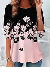 abordables Camiseta floral-Camiseta Túnica para Mujeres Moda Casual Impresión Manga Larga Tops Regulares Cuello Redondo Diario Rosa Primavera Otoño
