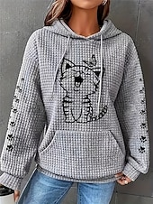 preiswerte Texturierte Kapuzenpullover &amp; Sweatshirts-Damen-Kapuzenpullover mit Katzen-Print, Street-Look, Alltagskleidung, lässiger Kapuzenpullover, langärmelig, mikroelastisch, Herbst/Winter, bequem, atmungsaktiv, weicher Stoff