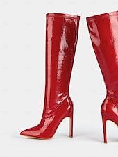 levne Módní boty-dámské červené lakované kozačky z umělé kůže až ke kolenům s krokodýlím vzorem - sexy kozačky na vysokém podpatku na večírky a večer