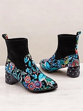 abordables Botines-Botines de mujer con bordados florales y tacón ancho acolchado, estilo vintage, calzado de fiesta y casual de moda