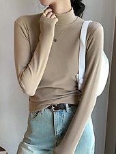 abordables T-shirt uni-Femme Tunique Couleur unie Décontractées manche longue Col Roulé Hauts réguliers du quotidien Noir Jaune Blanc Ecru Kaki Automne Hiver