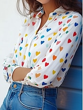 cheap Art&amp;Design Tops-Women&#039;s Shirt Casual Polka Dot Heart Long Sleeve Button Up Black Spring Fall