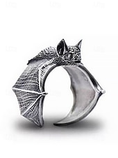 baratos Acessórios de Halloween-anel ajustável com design de morcego gótico, joias vintage de prata para halloween para cosplay e moda gótica