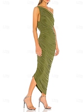 voordelige Bruiloftsgastjurken-Groene Sheath Bruiloft Gasten Jurken Elegante Jurk Formele Enkel Lengte Mouwloos Off Schouder Stretch Chiffon met Kruis Gerimpeld