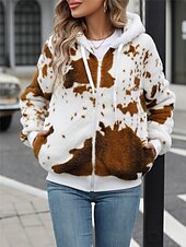 halpa Puffit ja Parkat-Naisten Fleecetakki Nallekarva Huppari takki Pidä lämpimänä Hengittävä Vetoketju Tasku Fleece-vuoratut Vapaa-aika Lehmäpainatus Loma Katu Arki-asut Bile Vetoketju Normaali Huppari Normaali
