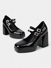 ieftine Tocuri platformă-pantofi de damă retro din piele artificială lăcuită, groși, Mary Jane, cu bretele duble – pantofi cu toc bloc la modă pentru ținute de petrecere sau casual de inspirație vintage