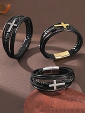 preiswerte Herrenschmuck-Schwarzes Lederarmband für Herren mit silbernem Kreuz – christliches religiöses Armband, verstellbarer Magnetverschluss