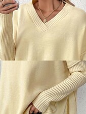 abordables Couleurs unies-Femme Pull Chandail Elégant Mode du quotidien Couleur unie Col V Tricoté manche longue Hauts longs Tricoter Travail Noir Jaune Automne Hiver