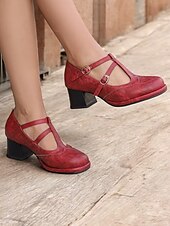 ieftine anii 1950-tocuri vintage roșii Mary Jane de damă – curea cu cataramă dublă, toc bloc retro, perfecte pentru ocazii formale și casual