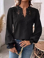 cheap Lace Tops-Women&#039;s Lace Shirt Stylish Lace Long Sleeve Regular Tops V Neck Work Black Fall Winter