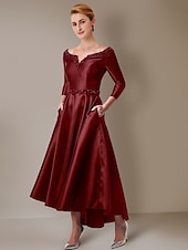 preiswerte Bodenlänge-A-Linie Kleid Brautmutterkleid Elegantes Hoch-Tief Juwelenausschnitt Asymmetrisch Tee-Länge Satin 3/4-lange Ärmel mit Schleifen/Bändern Falten Einfarbig 2025 kostenlose Anfertigung nach Maß