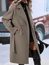 baratos Casacos de Inverno-Mulheres Casaco de inverno A Prova de Vento Manter Quente Botões Com cinto Elegante Ao ar livre Côr Sólida Trabalho Casual Trespassado Aberto para a Lateral Ajuste Largo Manga Longa agasalhos Preto