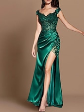 voordelige GROEN-Zeemeermin Sequins Avondjurk Sexy Jurk Formele Vloerlange Mouwloos V Hals Charmeuse met Splits Applicaties