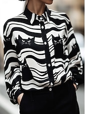 preiswerte Tiere Tops-Damen Hemd Katze Gestreift Elegant Stilvoll Modern Langarm Hemdkragen Normale Oberteile Arbeit Druck Schwarz Frühling Herbst Winter