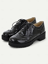preiswerte Vintage-Schuhe für Damen-Damen-Oxford-Schuhe in Schwarz und Weiß im Brogue-Stil – Schnürschuhe aus Lack-Kunstleder, dicke Sohle, Vintage-Stil für formelle und legere Kleidung