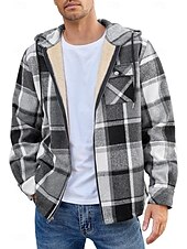 preiswerte Herrenjacken &amp; Herrenmäntel-Herren Hemdjacke Kapuzenjacke Shacket Flanell-Fleecejacke Täglich Urlaub warm Mit Kapuze Herbst Winter Schottenstoff Kariert Modisch Strassenmode Kargen Standard Schwarz Dunkelrot Hellgrün Rote Blau