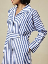 cheap Casual Dress-Cotton Stripe Button Up Maxi Shirt Dress