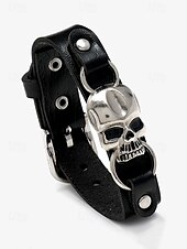 cheap Men&#039;s Jewelry-Men&#039;s Black Leather Bracelet with Silver Skull Charm – Gothic Punk Adjustable Wristband for Halloween and Biker Style