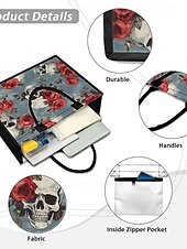 abordables Cabas et fourre-tout-sac fourre-tout imprimé tête de mort et rose – grand sac à main gothique pour femme, design floral vintage, parfait pour Halloween ou pour un usage quotidien