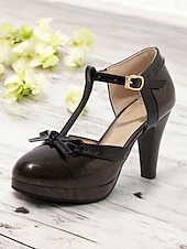 abordables Années 1950-Escarpins rétro à talons hauts et brides en T pour femmes avec nœud et boucle – chaussures de style vintage classiques pour mariages, fêtes et événements officiels
