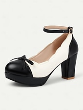 billiga 1950-talet-vintage tvåfärgade chunky klackar för kvinnor med ankelrem och rosettdetalj – skor i retrostil för speciella tillfällen