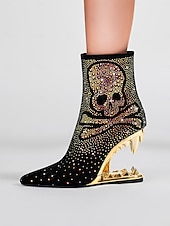 abordables Bottines-bottines noires à tête de mort pour femmes avec ornements en strass et talons découpés dorés – talons audacieux pour la mode gothique et les fêtes