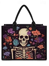 abordables Cabas et fourre-tout-sac fourre-tout imprimé tête de mort et rose – grand sac à main gothique pour femme, design floral vintage, parfait pour Halloween ou pour un usage quotidien