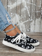 economico Per le donne-sneakers da donna con lacci e stampa teschio – scarpe basse casual gotiche con suola bianca, perfette per Halloween e per lo street style quotidiano