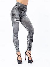 cheap Graphic Leggings-Women&#039;s Denim Look Leggings Oversize Jeggings Treggings Lined Elastic Jeans High Waist Skinny Trousers Stockings Soft Comfortable