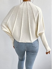 cheap Graphic Patterns &amp; Details-Women&#039;s Sweater Fashion Daily Solid Color Mock Neck Knitted Textured Batwing Sleeve Long Sleeve Regular Tops Knit Home Work Daily Black White Fall Winter
