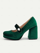 cheap 1950s-Women&#039;s Green Velvet Mary Jane Block Heels with Pearl Accent – Retro Platform Pumps for Party and Formal Events