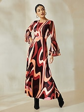 levne Květinové šaty-Dámské Volnočasové šaty Maxi dlouhé šaty Hnědá Dlouhý rukáv Geometrický Potisk Podzim zima Do U Bohemian Style S M L