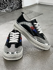 cheap Women&#039;s Sneakers-Women&#039;s Glitter-Accented Black Lace-Up Sneakers – Rhinestone Embellished, Colorful Casual Athletic Shoes for Fashionable Everyday Wear