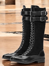 baratos anos 1930-botas femininas de camurça sintética bordô e couro sintético preto com cadarço na altura do joelho – design de inspiração vintage com tiras de fivela dupla, perfeitas para uso casual e formal
