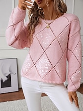 Women's Sweater Sequins Knit Knitted Geometric Pattern Fall Winter Home Work Casual Long Sleeve Pink Blue3