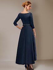 preiswerte Bodenlänge-A-Linie Kleid Brautmutterkleid Elegantes Hoch-Tief Juwelenausschnitt Asymmetrisch Tee-Länge Satin 3/4-lange Ärmel mit Schleifen/Bändern Falten Einfarbig 2025 kostenlose Anfertigung nach Maß