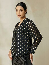 baratos Blusas e Camisas-blusa de chiffon com gola e manga julieta e bolinhas