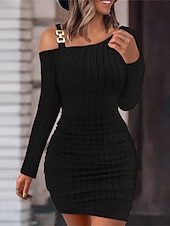 preiswerte Bodycon für den Klub-Damen Casual kleid Minikleid Patchwork Kalte Schulter Brautkleider schlicht Ein-Schulter Langarm Schwarz Weiß Wein Farbe