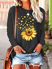 billige Blomster t-skjorte-Dame T skjorte Solsikke Fritid Langermet Crew-hals Vanlige topper Daglig Trykt mønster Svart Vår Høst