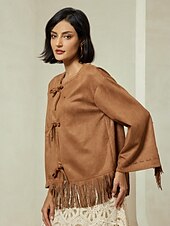 cheap Designer Jackets &amp; Coats-Suede Fringed Flare Cuff Sleeve Jacket