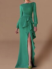 baratos VERDE-Vestido de Festa A-Line Elegante Convidada Formal de Outono Cauda Arrastando  Escovando Manga Longa Decote Joia Tecido Stretch Chiffon com Babados Fenda 2025