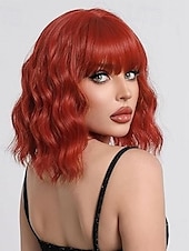 baratos Perucas Sintéticas sem Touca-peruca com franja perucas curtas onduladas para mulheres comprimento dos ombros perucas bob encaracolado perucas sintéticas resistentes ao calor para cosplay de halloween uso diário para festas