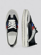 cheap Women&#039;s Sneakers-Women&#039;s Glitter-Accented Black Lace-Up Sneakers – Rhinestone Embellished, Colorful Casual Athletic Shoes for Fashionable Everyday Wear
