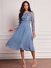 preiswerte Blumenkleider-Damen-Hochzeitsgastkleid, Vintage-Kleid, Midikleid, gerüschtes Netz, elegante Cocktailkleider, lässig, Rundhalsausschnitt, lange Ärmel, blaue Farbe
