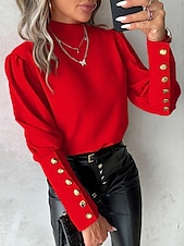 preiswerte Damen Arbeitsoberteile-Damen Hemd Bluse Feste Farbe Elegant damas Stilvoll Langarm Stehkragen Arbeit Spitze Knopf Schwarz Weiß Rote Blau Frühling Herbst Winter